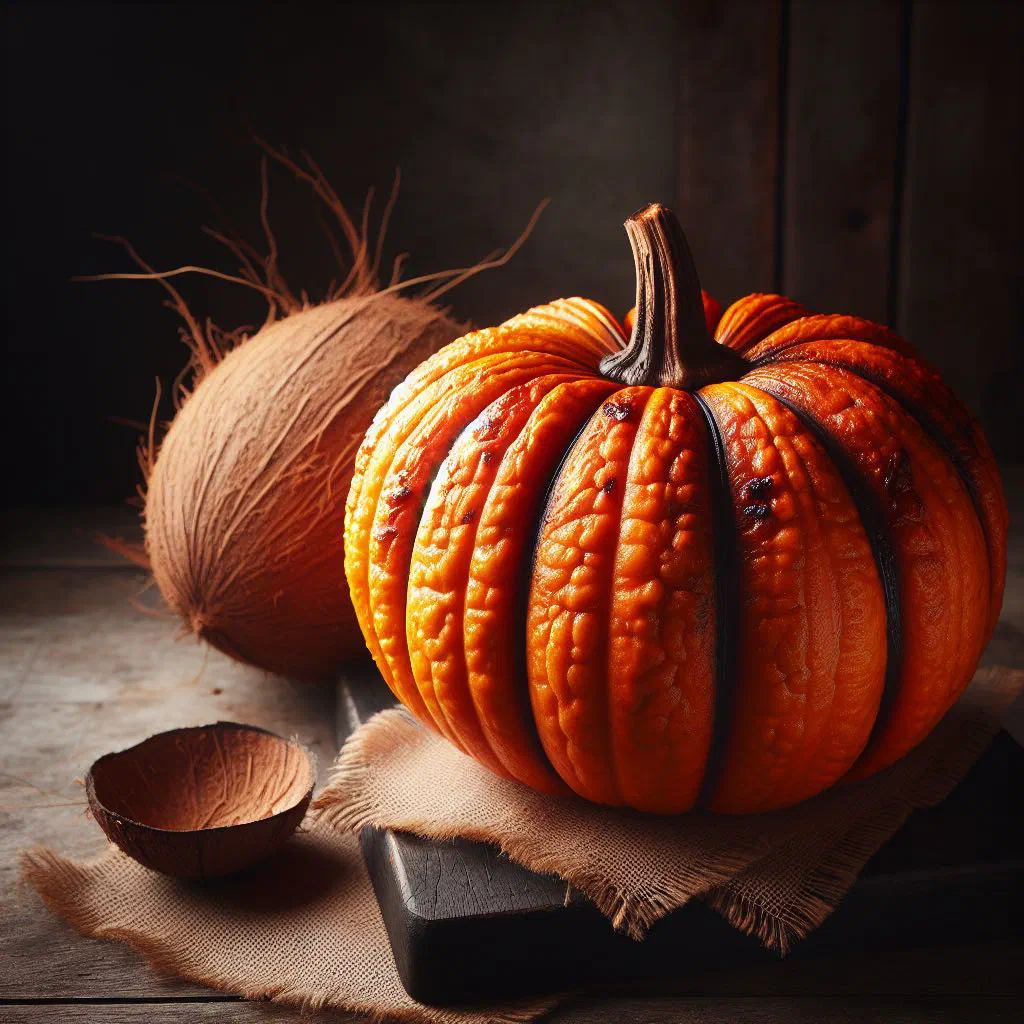 Roasted pumpkin pieces topped with fresh grated coconut