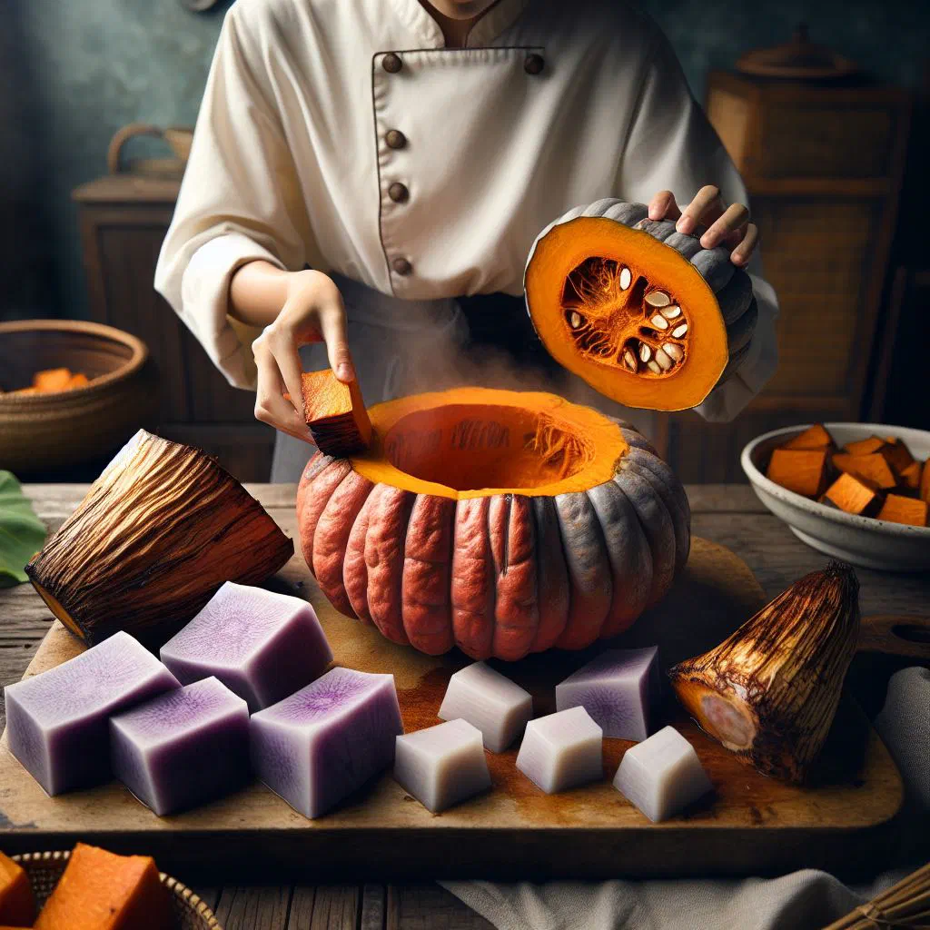Roasted pumpkin and taro cubes with fresh herbs in a bowl
