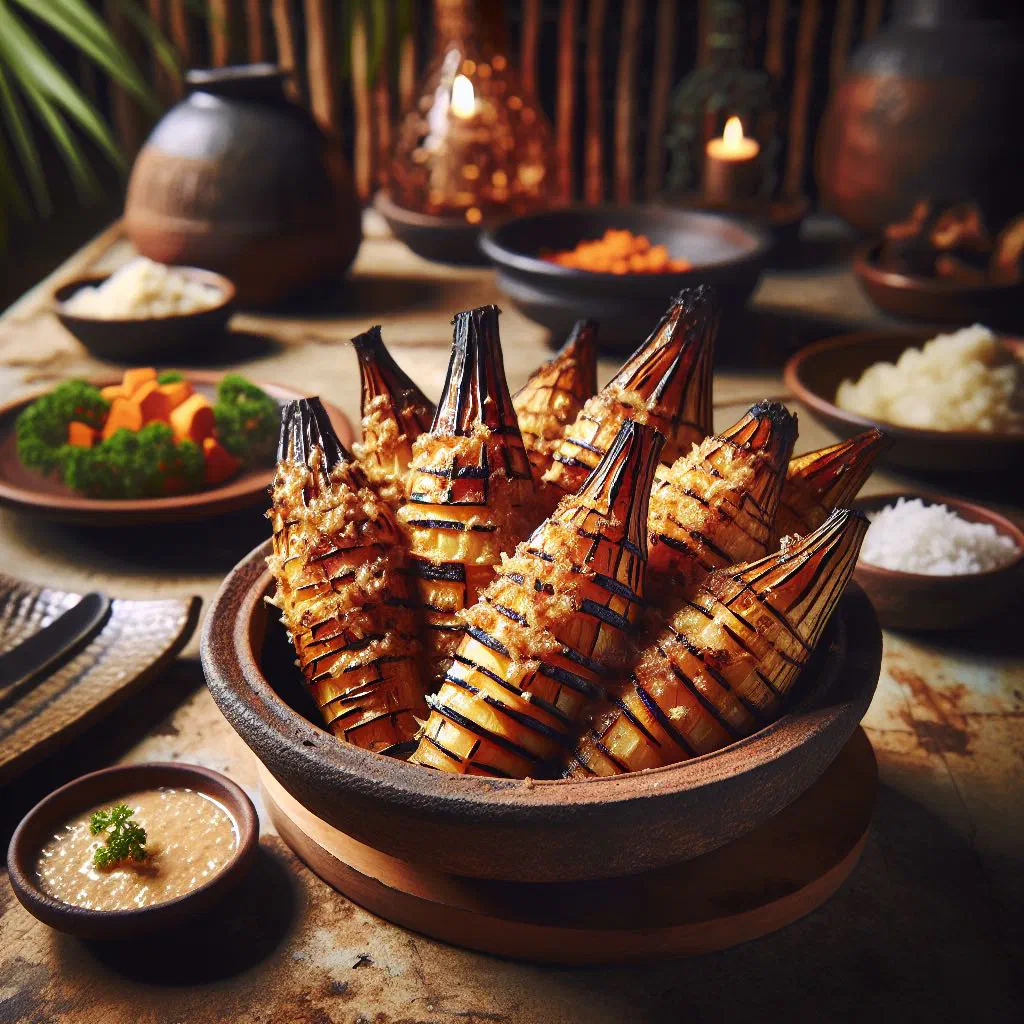 Roasted taro pieces served in creamy coconut sauce with fresh herbs