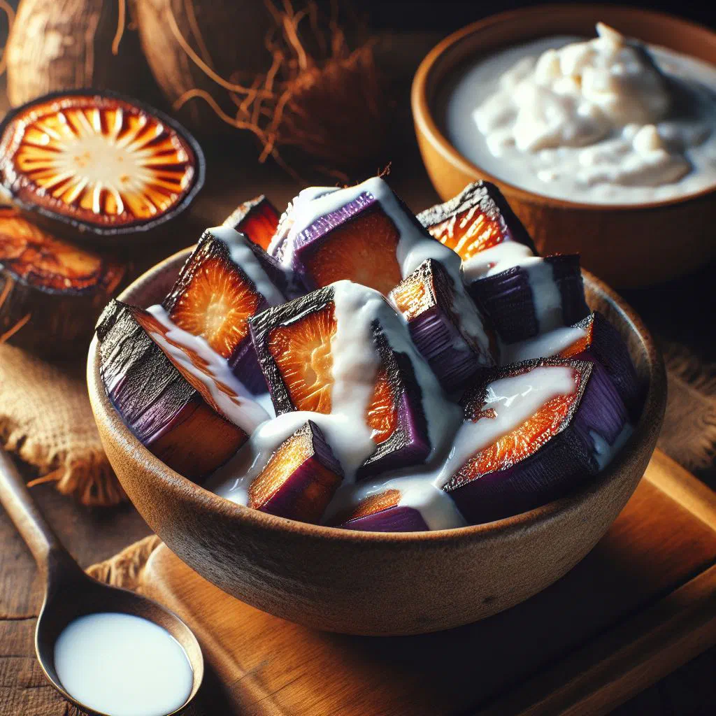 Roasted taro pieces coated in creamy coconut sauce, garnished with fresh coriander