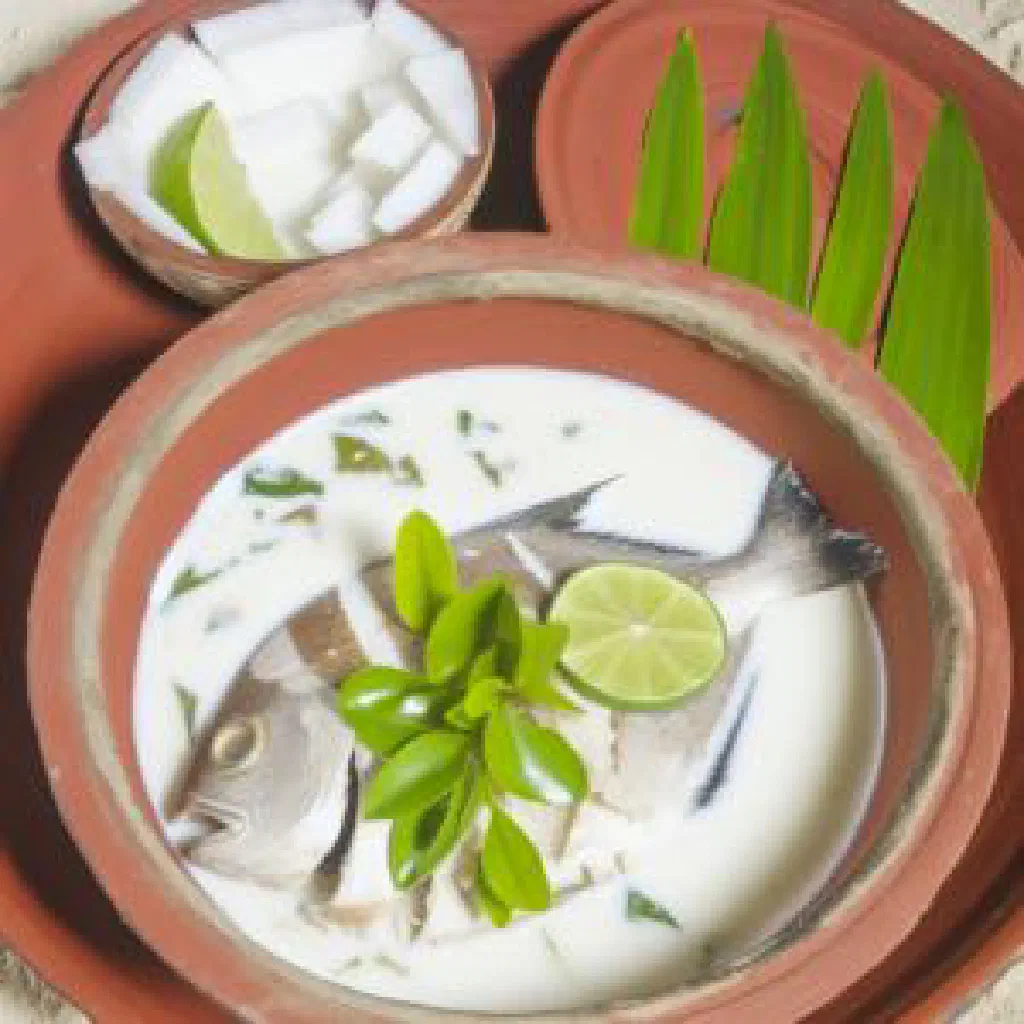 Sailfish simmered in golden coconut milk, garnished with fresh coriander and lime