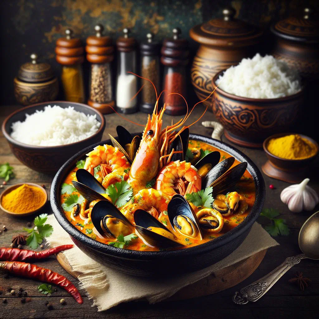 Seafood curry in creamy coconut sauce garnished with fresh coriander and lime