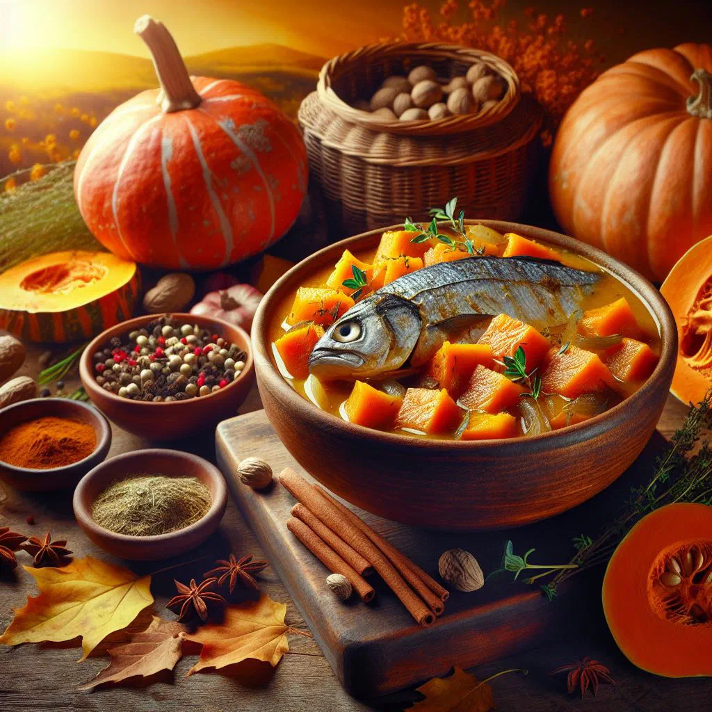 Bowl of spiced pumpkin and fish stew in a creamy coconut broth