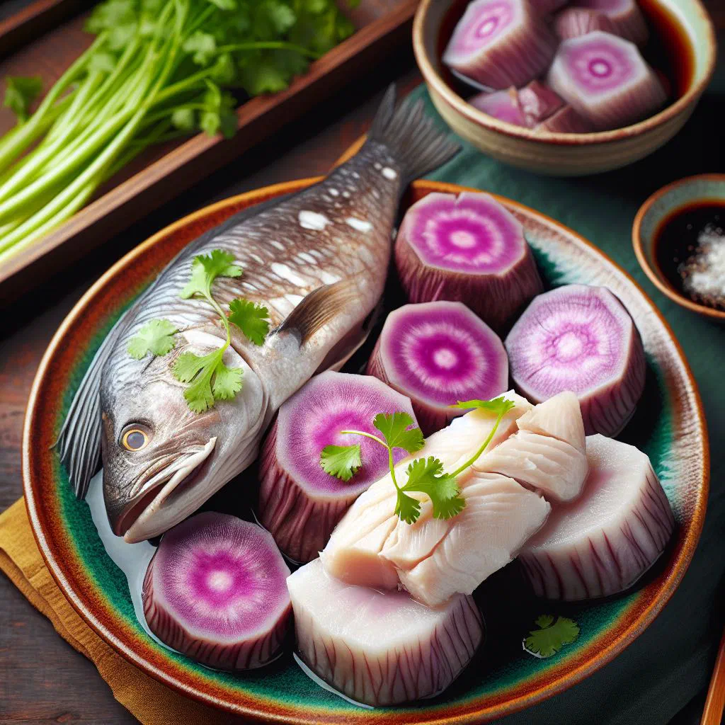 Steamed taro cubes with white fish, garnished with fresh herbs and lime