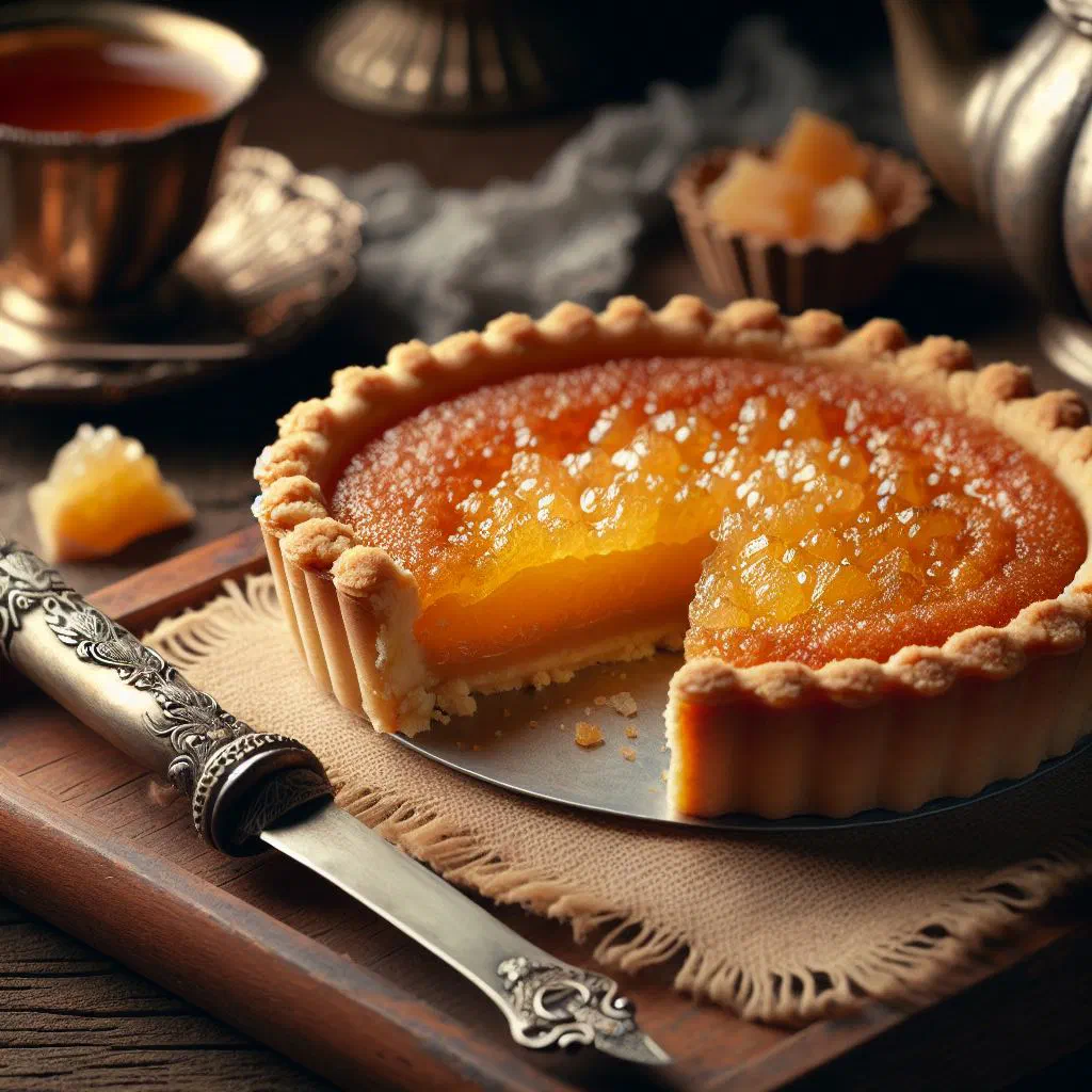 Golden baked sweet cassava tart with coconut and vanilla