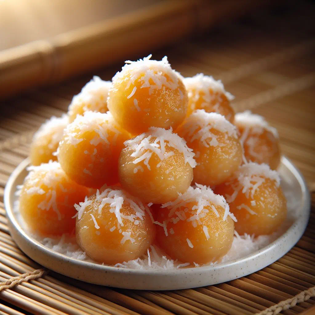 Steamed sweet coconut dumplings on a plate with fresh fruit