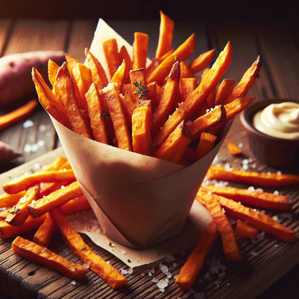Crispy golden sweet potato fries on a plate with a dip