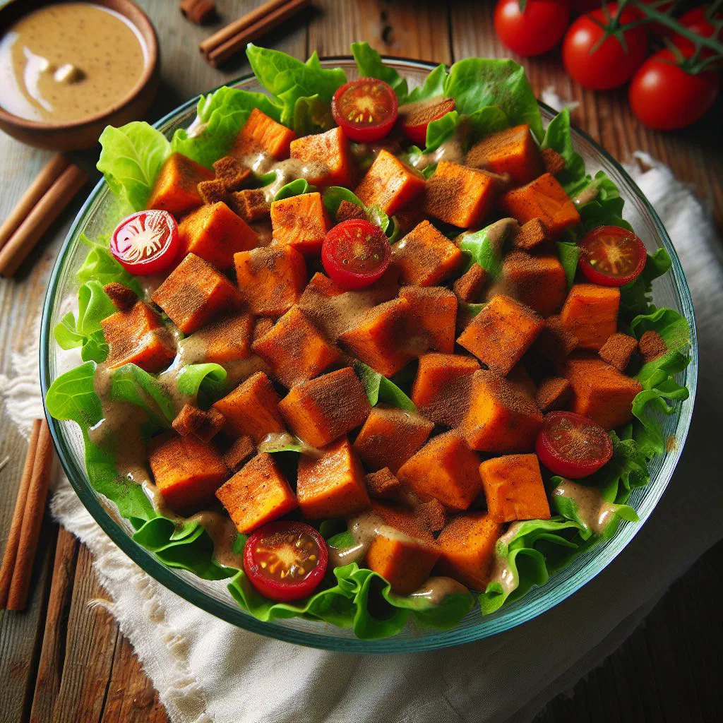 Sweet potato salad with red onion, peppers and fresh coriander