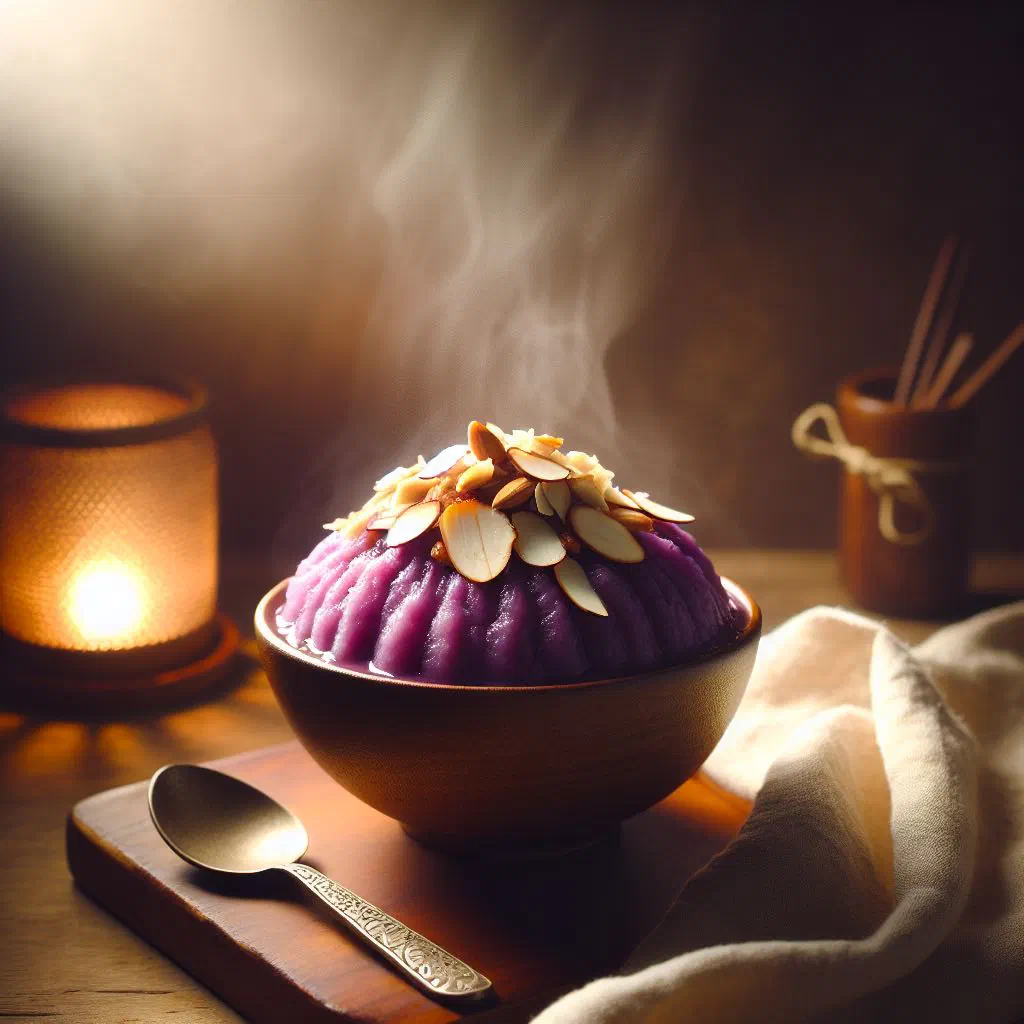 Creamy sweet taro dessert in a bowl topped with toasted coconut
