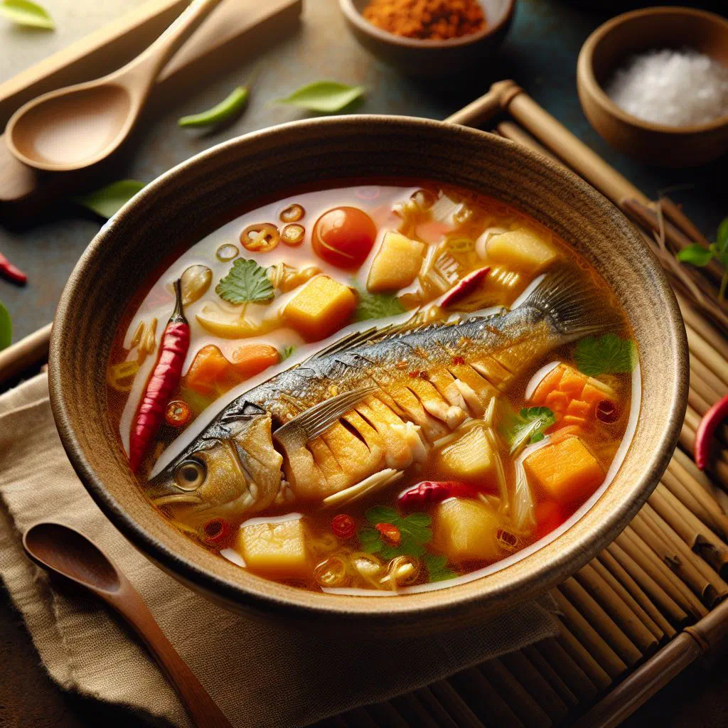 Bowl of tamarind fish soup garnished with fresh coriander and lime