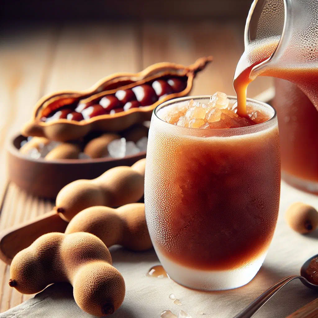 Glass of chilled tamarind juice garnished with fresh mint