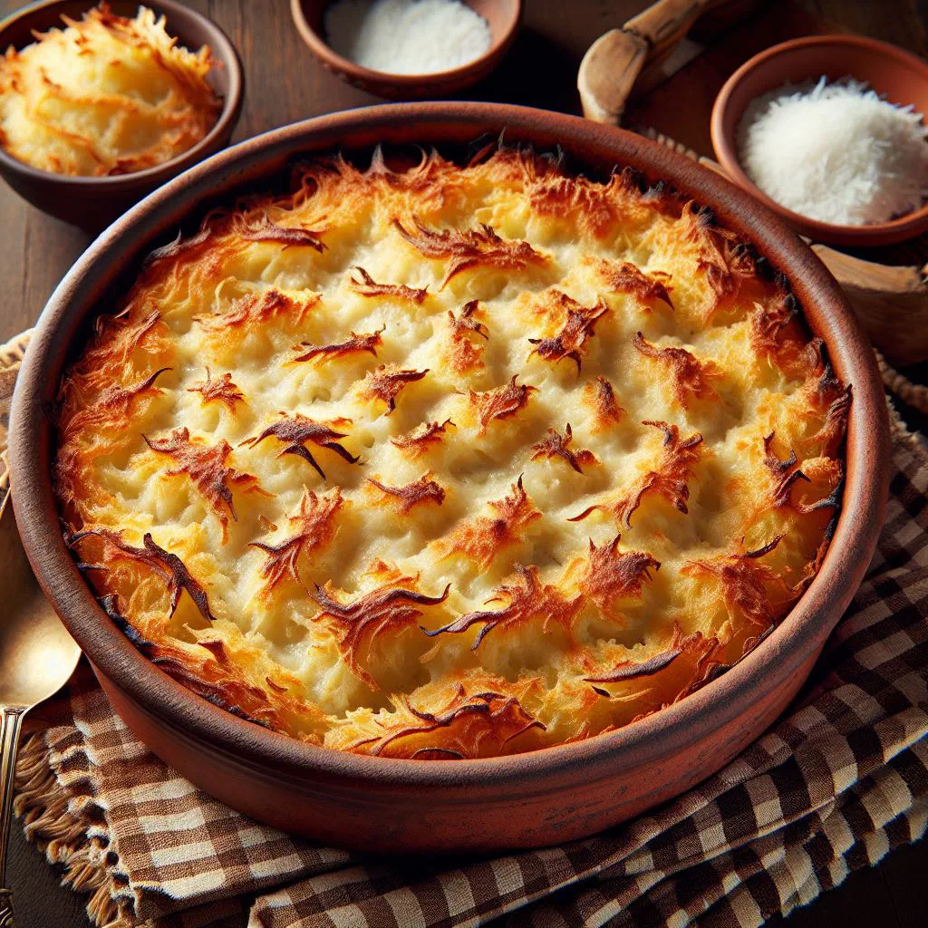 Golden baked taro and coconut bake in a dish, garnished with grated nutmeg