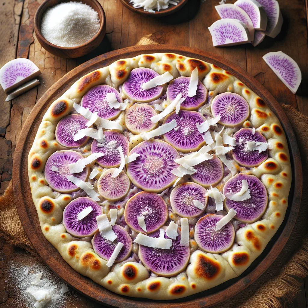 Golden pan-fried taro and coconut flatbreads on a wooden board
