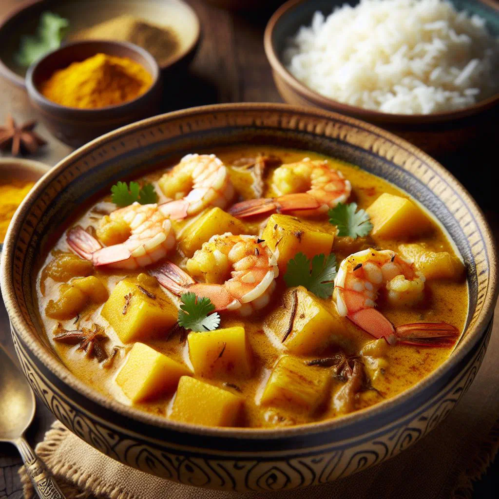 Taro and prawn curry in coconut sauce garnished with fresh coriander