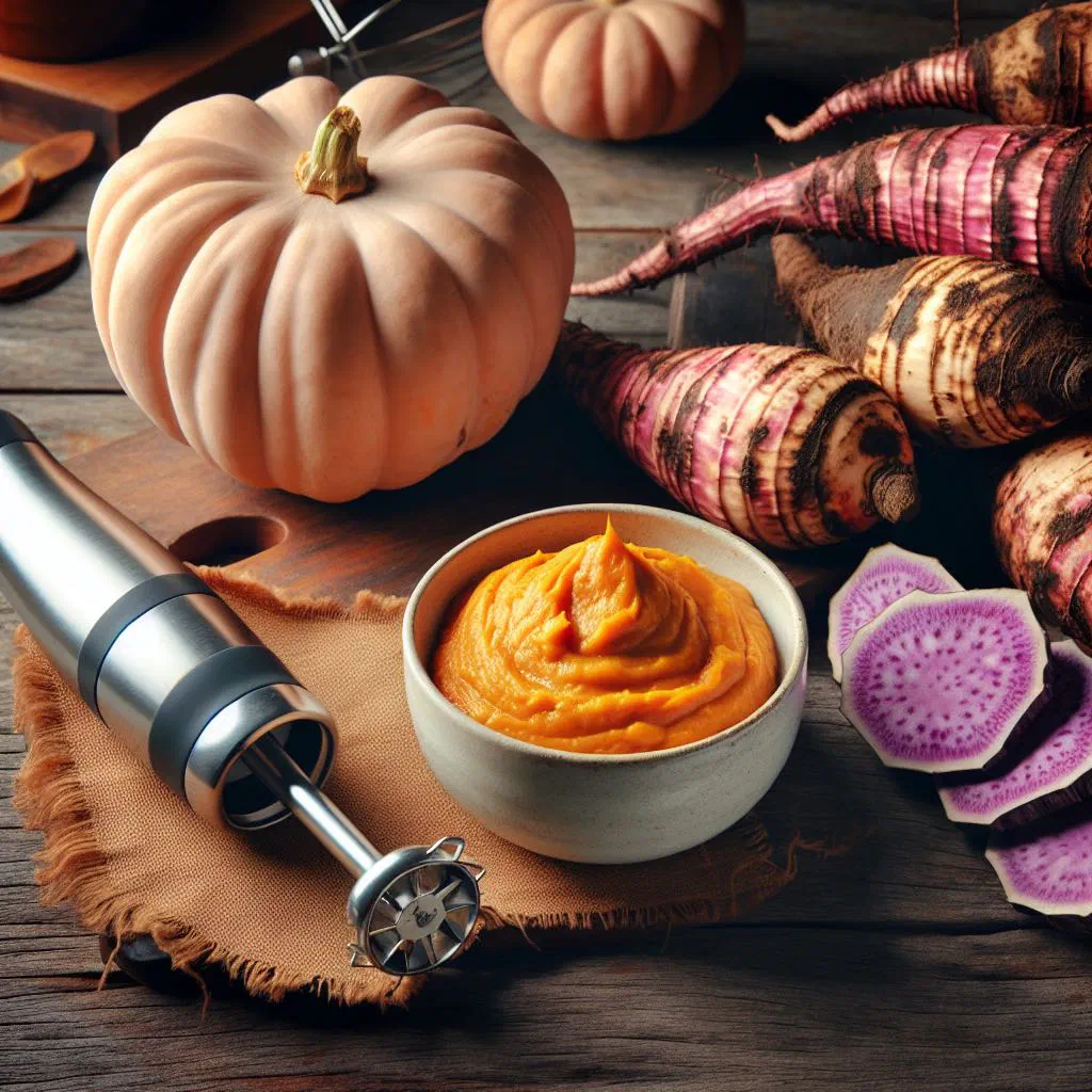 Smooth taro and pumpkin purée served warm in a bowl