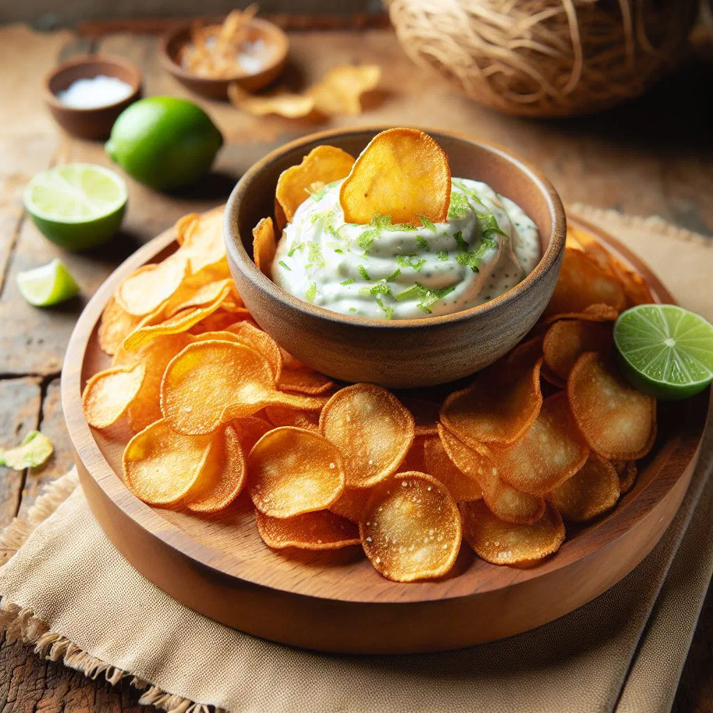 Crispy golden taro chips served with a bowl of fresh lime dip