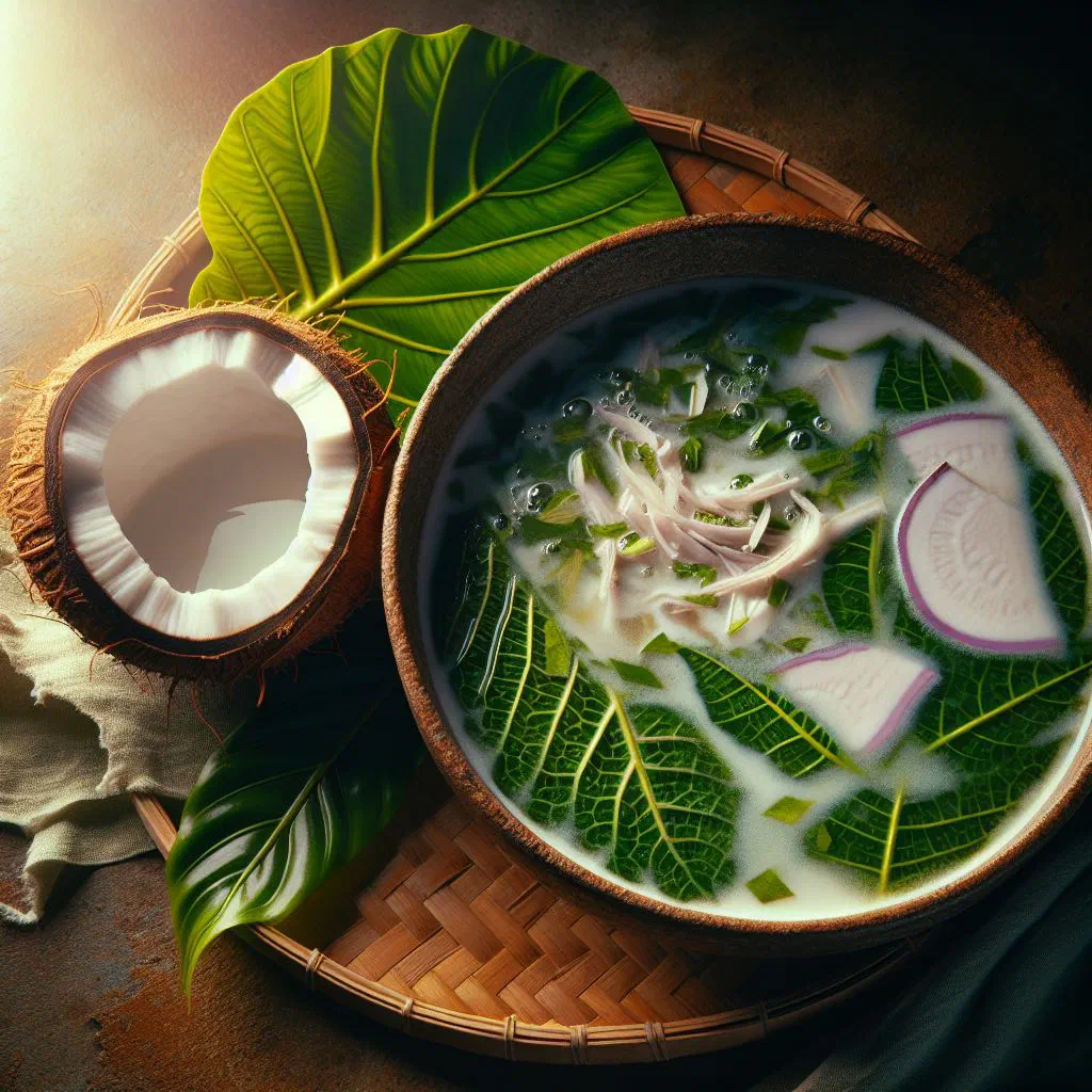 Creamy taro leaf and coconut soup garnished with fresh coriander