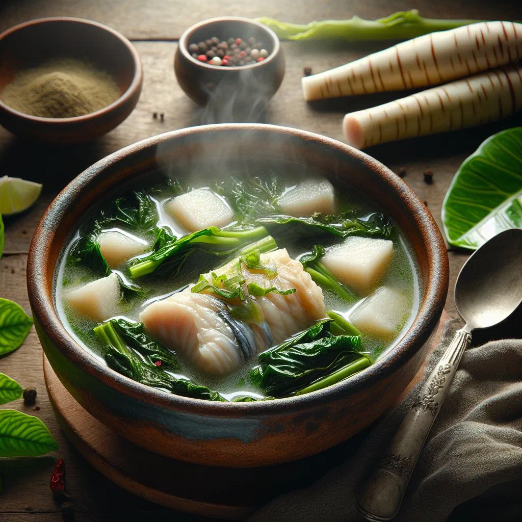Bowl of taro leaf and fish soup garnished with fresh herbs