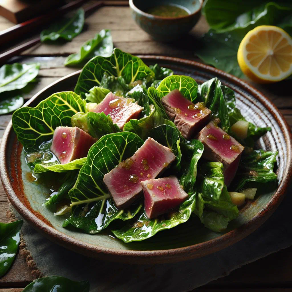 A bowl of taro leaf and tuna salad with diced tomato and fresh herbs