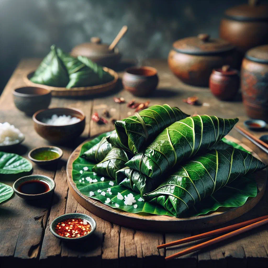 Steamed taro leaf wraps filled with savoury mince on a plate