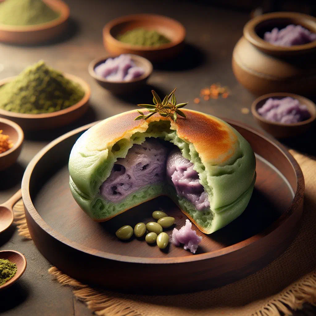 Slices of golden taro pandan cake on a serving plate