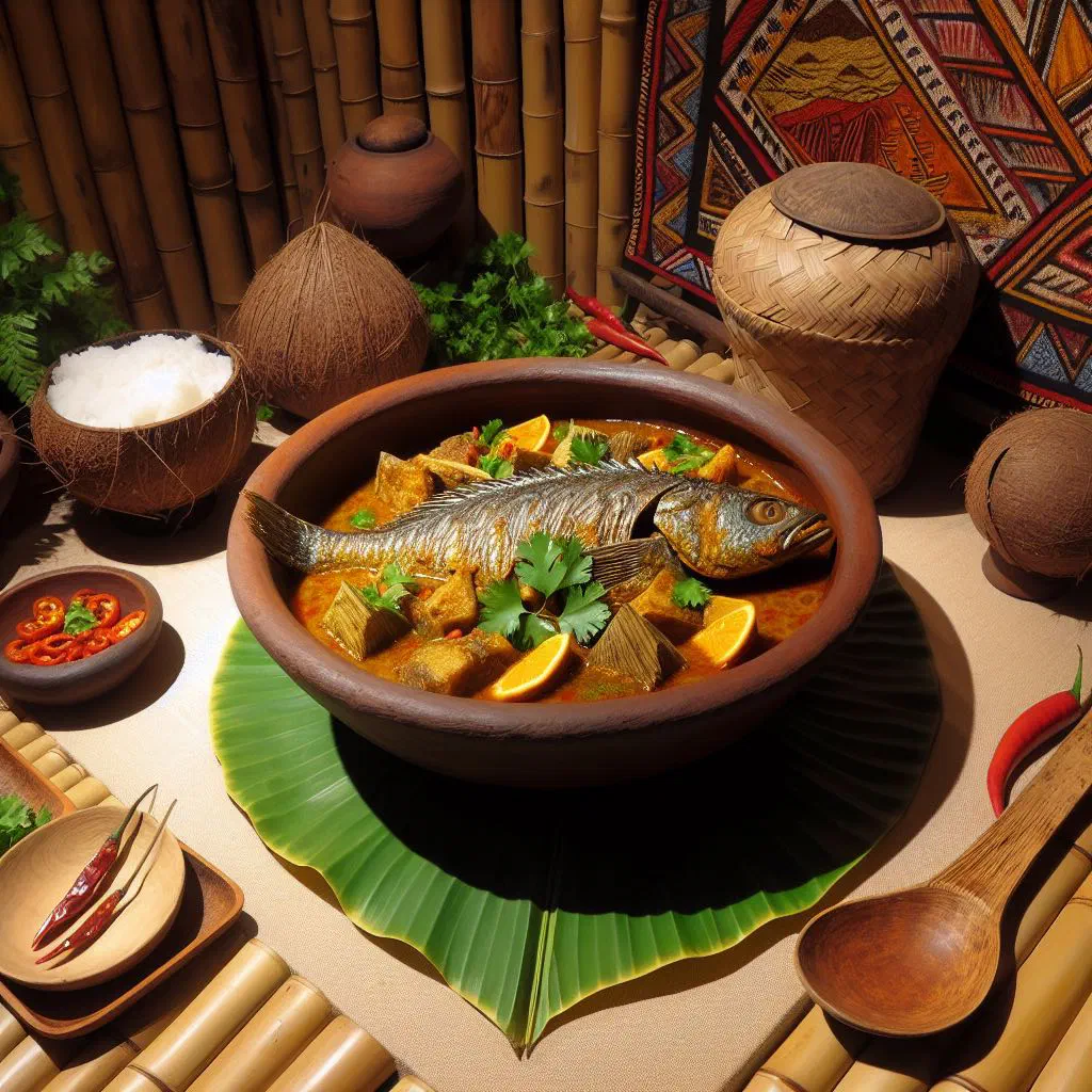 Tuvaluan fish curry in coconut sauce garnished with fresh coriander and lime