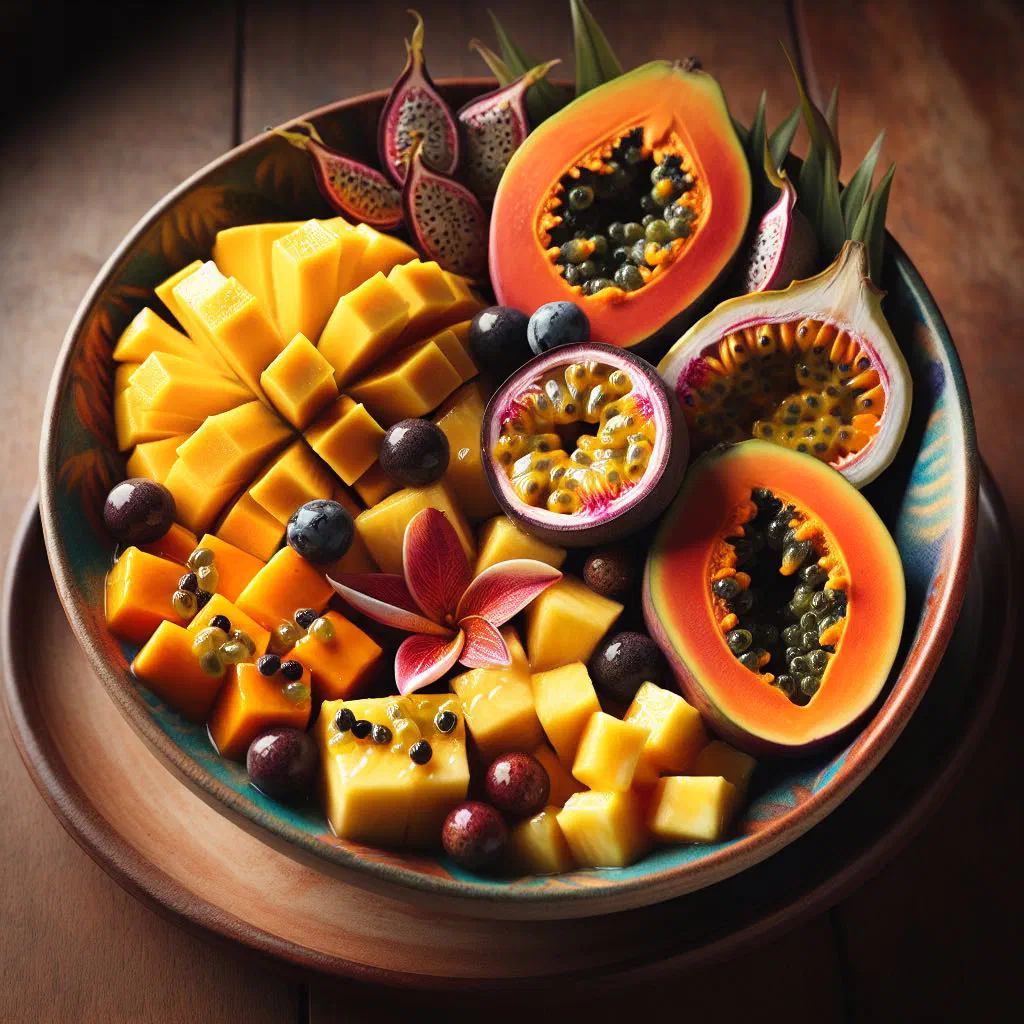 Bowl of diced tropical fruit salad with mango, papaya and pineapple, garnished with mint
