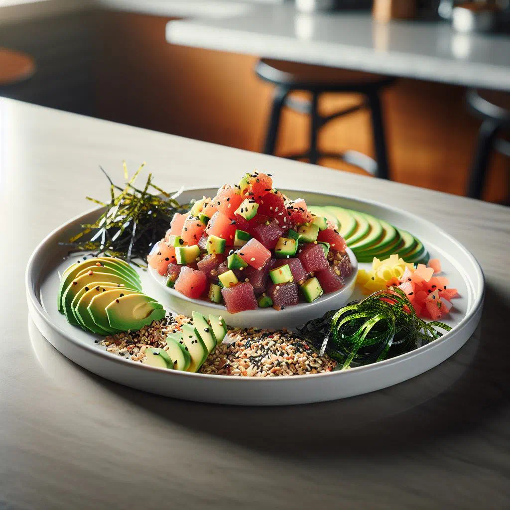 Bowl of fresh tuna poke with avocado, cucumber and sesame seeds