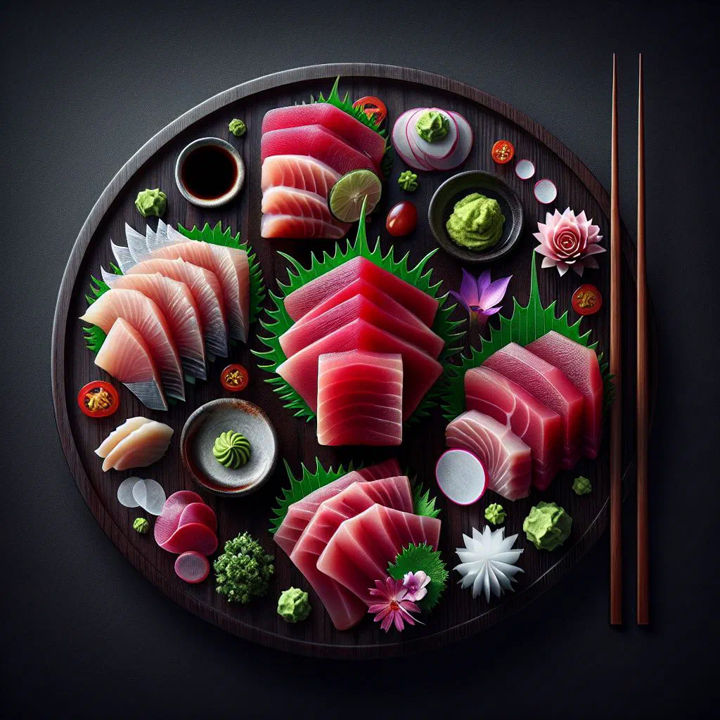 Thinly sliced fresh tuna sashimi with wasabi, ginger and lime