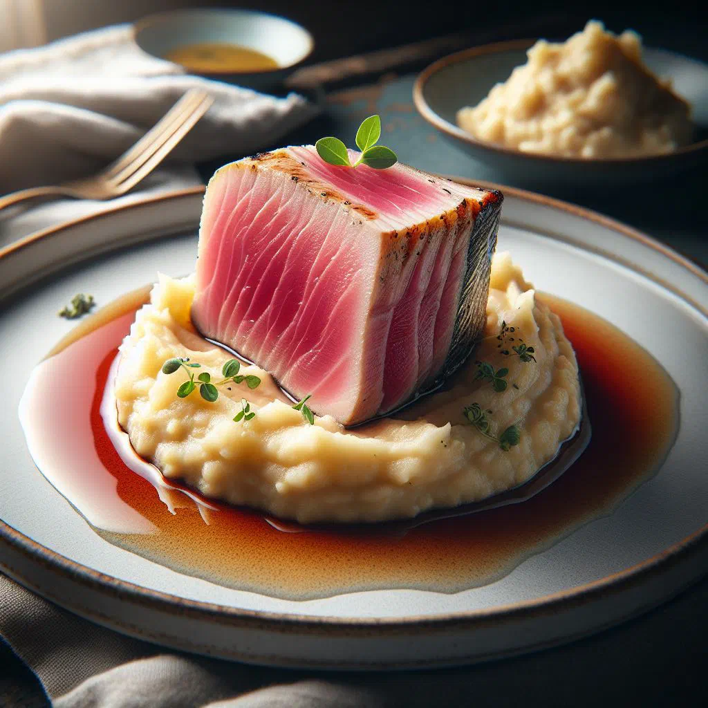 Pan-seared tuna fillet served beside a bowl of creamy breadfruit mash