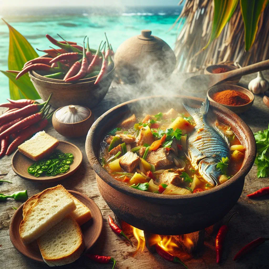 Tuvaluan fish stew in coconut broth garnished with fresh coriander and lime