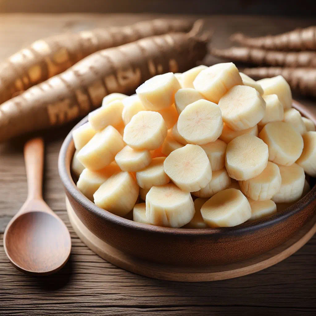Chunks of boiled cassava served warm on a plate
