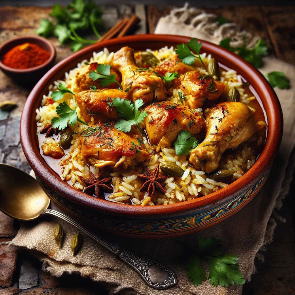 Ugandan chicken pilau with spiced basmati rice, chicken and vegetables