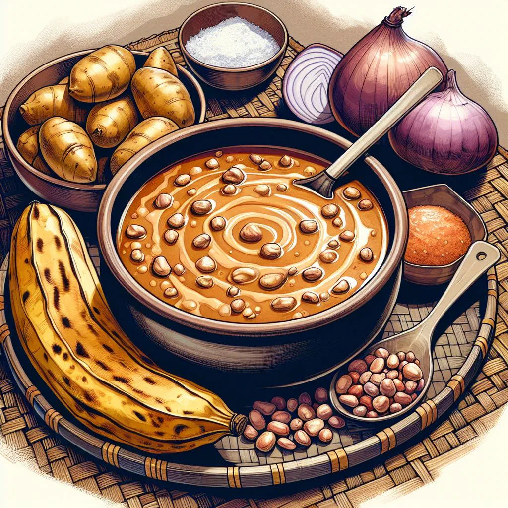 Ebinyebwa with sliced plantains and roasted peanuts in a bowl