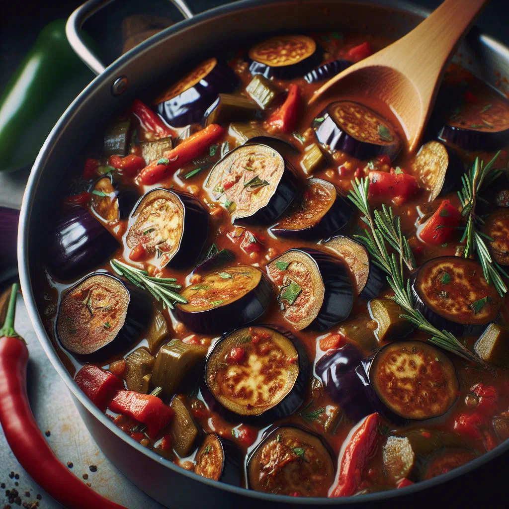 Ugandan eggplant stew in a bowl, garnished with fresh coriander