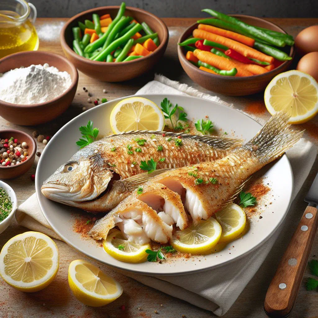 Golden fried tilapia fillets with lemon wedges and fresh herbs