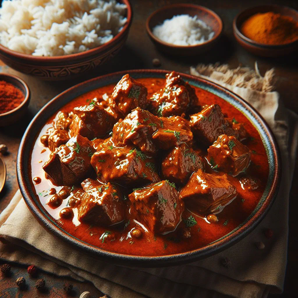 Ugandan goat curry in coconut sauce garnished with fresh herbs