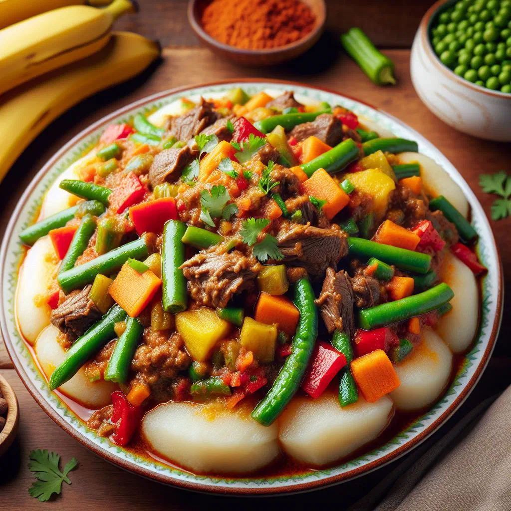 Bowl of Katogo with plantains, tender meat and vegetable stew