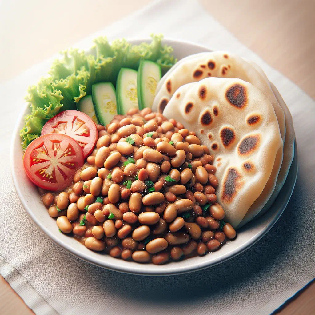 Kikomando with spiced beans and sliced chapati on a plate