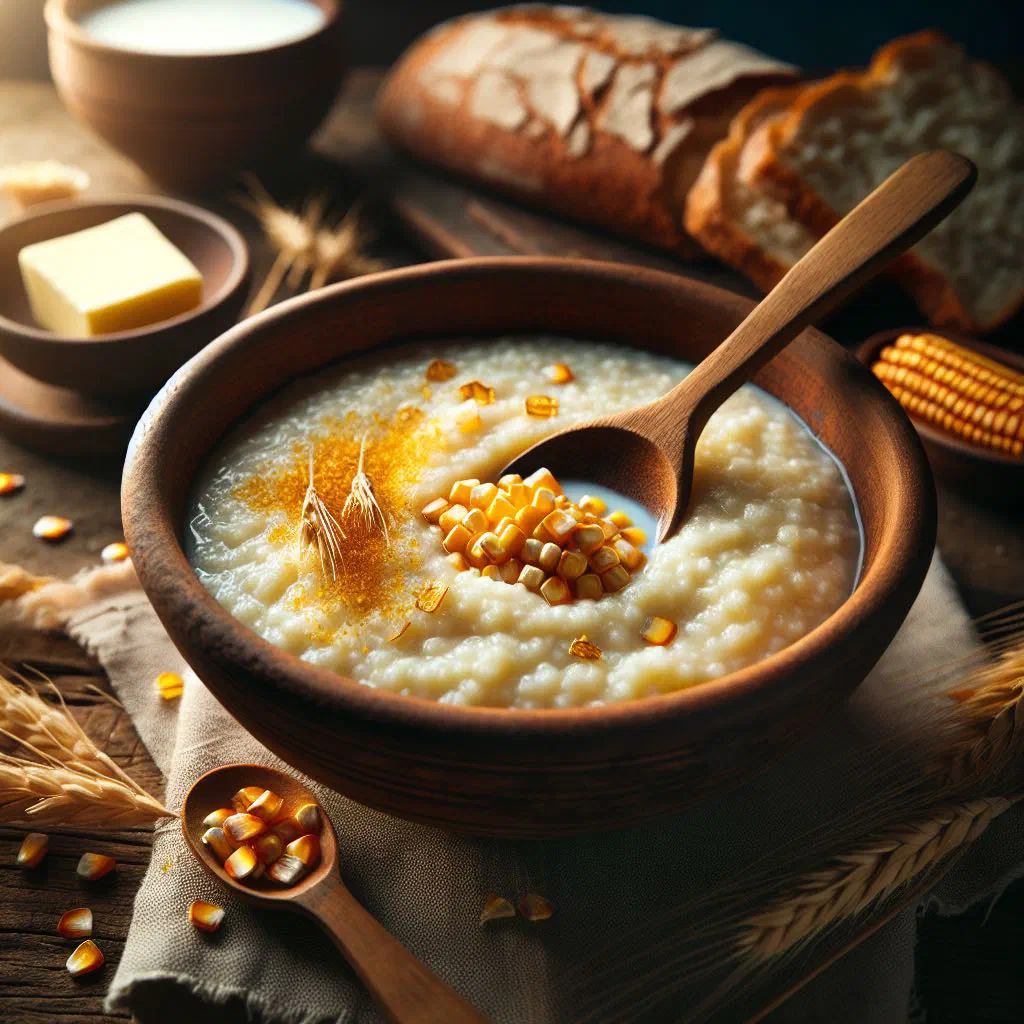 A steaming bowl of creamy white maize porridge garnished with fresh herbs