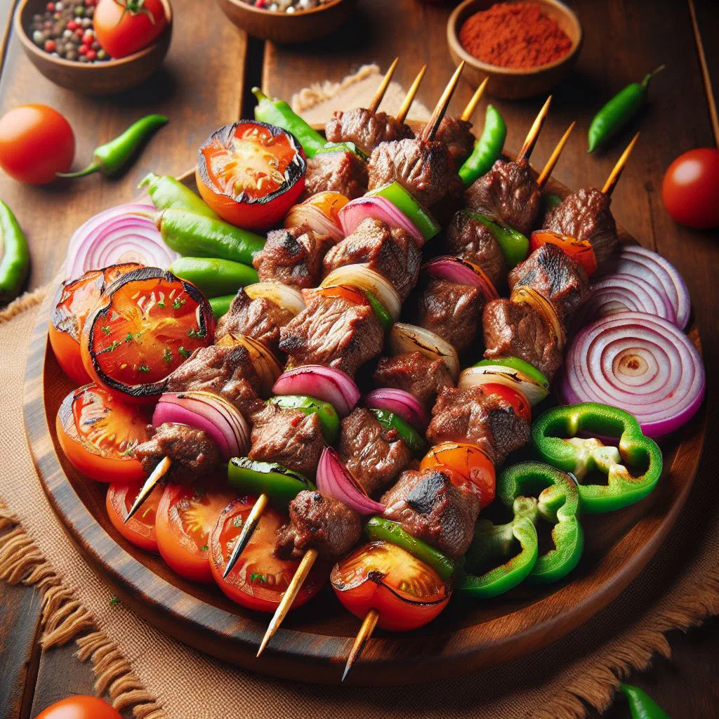 Skewers of grilled Ugandan muchomo meat resting on a wooden board