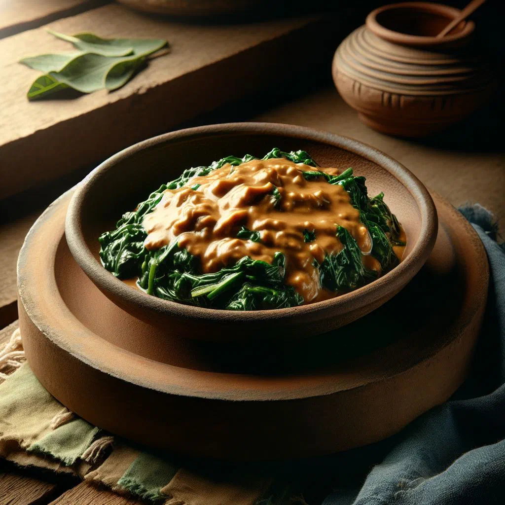 Nakati greens simmered in a creamy peanut sauce, served in a bowl