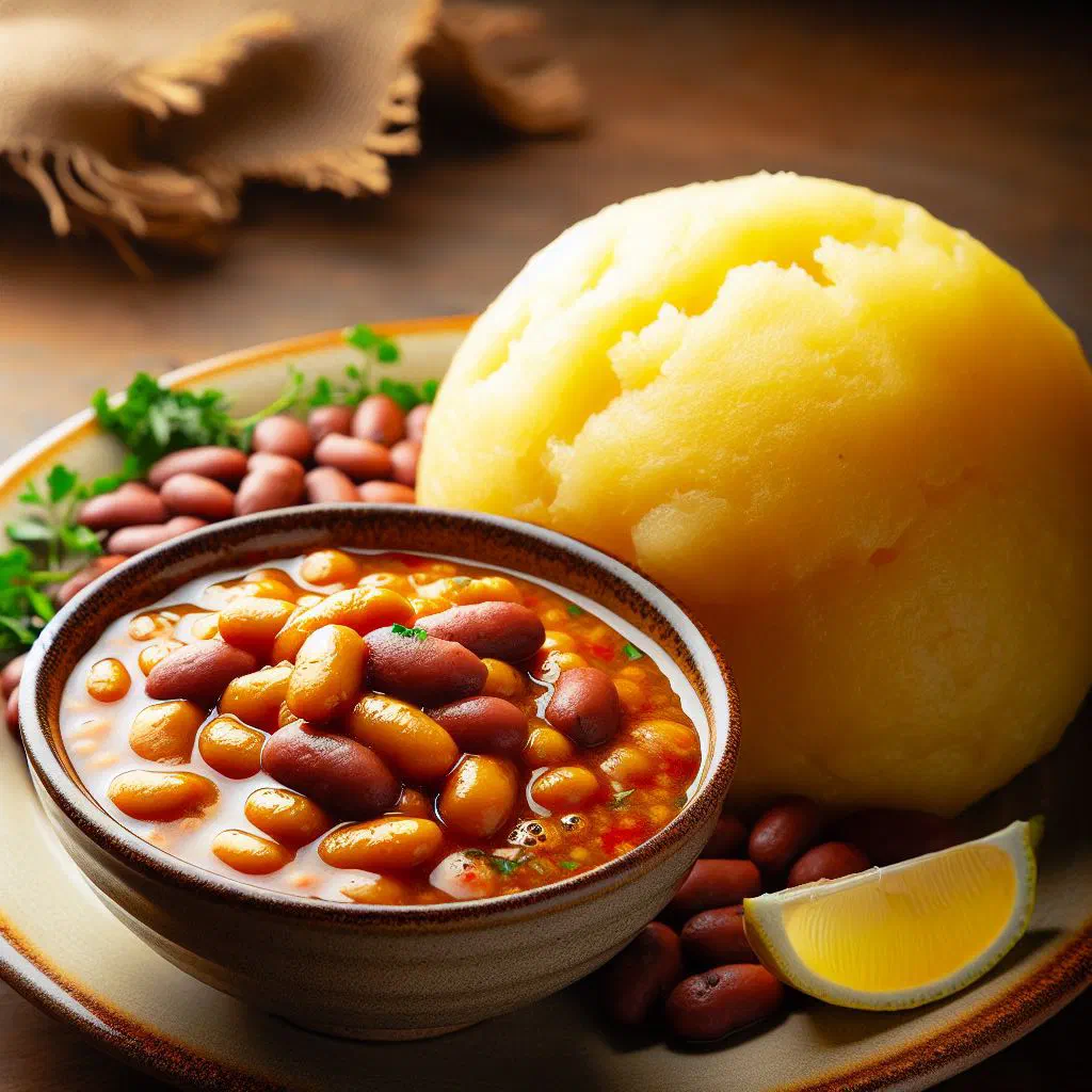 Bowl of soft white posho served with a portion of stewed beans