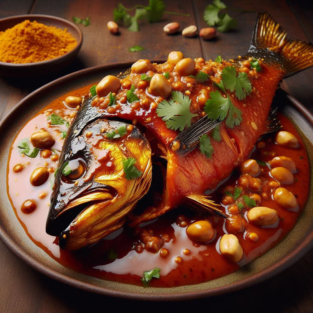Smoked fish simmered in a creamy groundnut sauce, garnished with fresh coriander