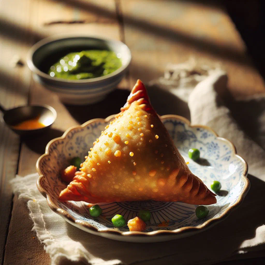 Golden deep-fried Ugandan samosas served with a dipping sauce