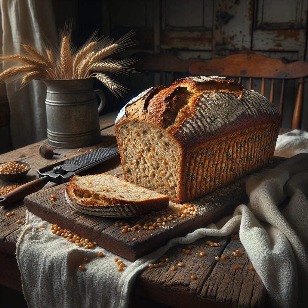 Round golden-brown sorghum bread loaf, sliced into wedges on a wooden board