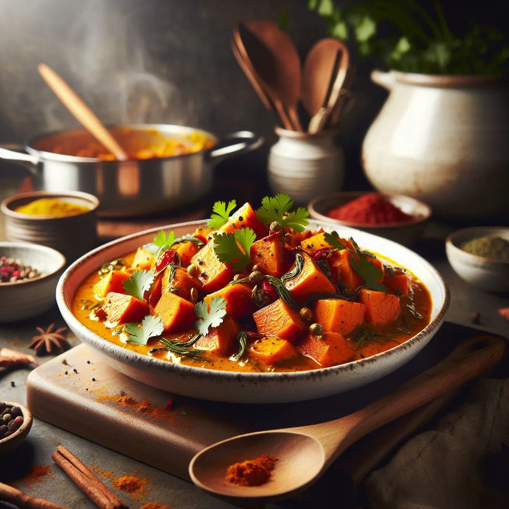 Ugandan sweet potato curry in coconut sauce, garnished with fresh coriander