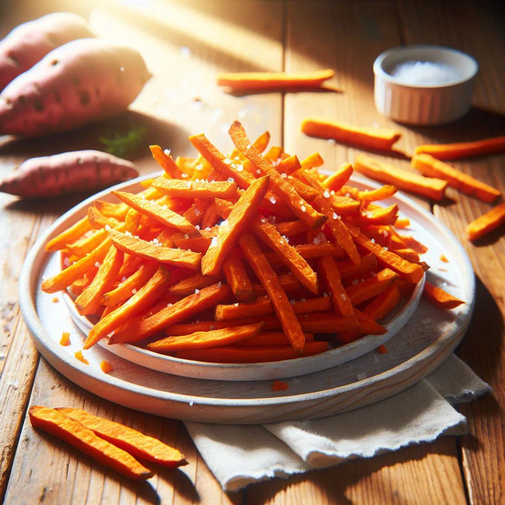 Crispy golden sweet potato fries with a dip on a wooden board