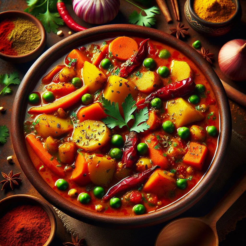 Ugandan vegetable curry in coconut sauce garnished with fresh coriander