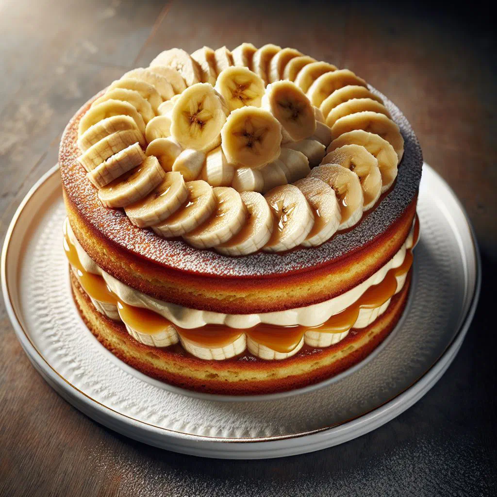 Layered Ukrainian banana torte with cream filling and banana slices